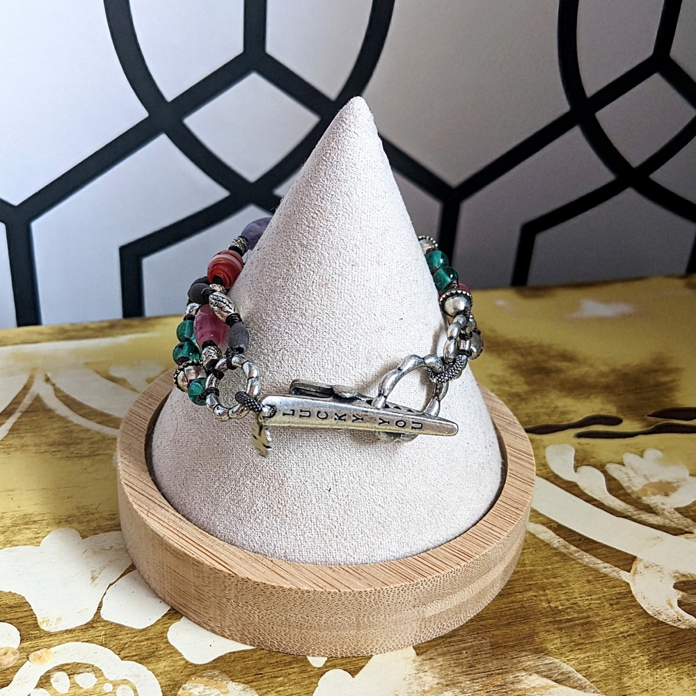 Lucky Brand Beaded Bracelet Triple Strand Glass Beads Silver Tone Beads And Clip - Picture 2 of 3